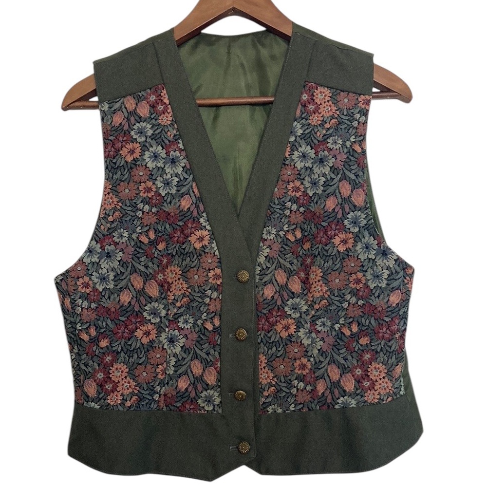 Handmade Tapestry Vest Womens Medium Olive Green Rose Floral Tapestry Bavarian